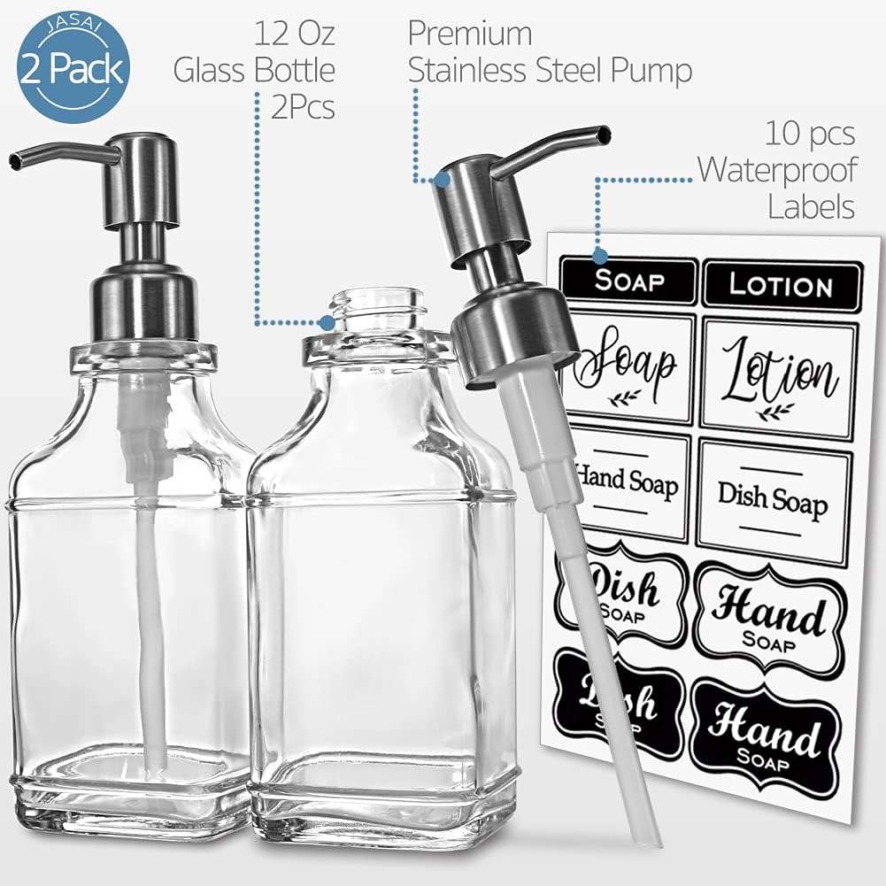 2 Pack Glass Soap Dispenser Clear Antique Design Silver Steel Pump & Labels