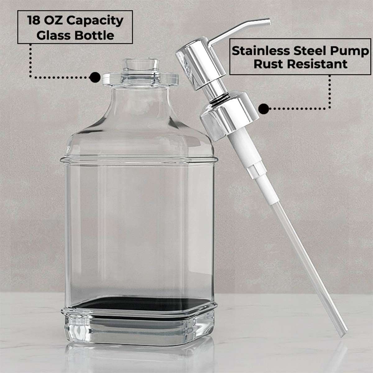 2 Pack Glass Soap Dispenser Clear Antique Design Silver Steel Pump & Labels