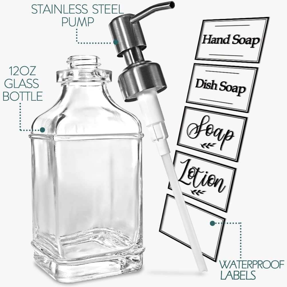 2 Pack Glass Soap Dispenser Clear Antique Design Silver Steel Pump & Labels