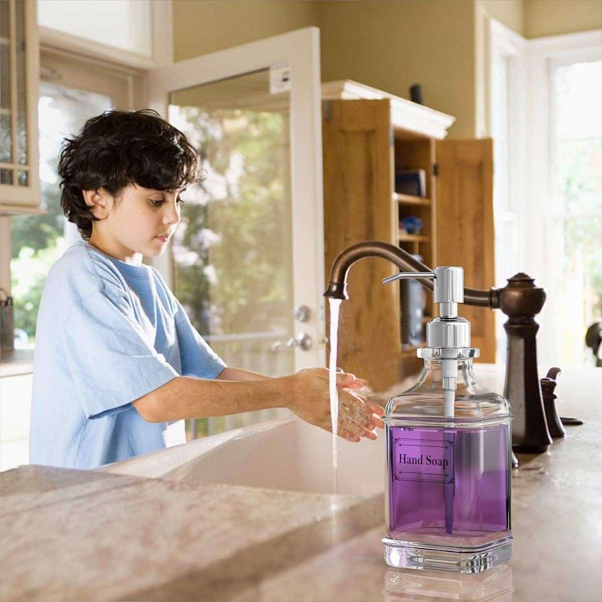 2 Pack Glass Soap Dispenser Clear Antique Design Silver Steel Pump & Labels