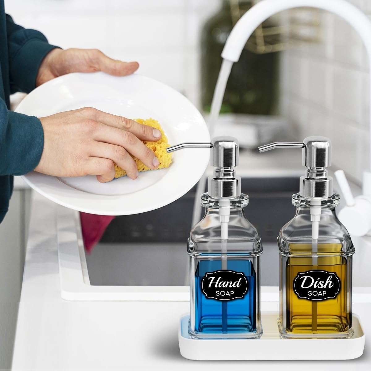 2 Pack Glass Soap Dispenser Clear Antique Design Silver Steel Pump & Labels