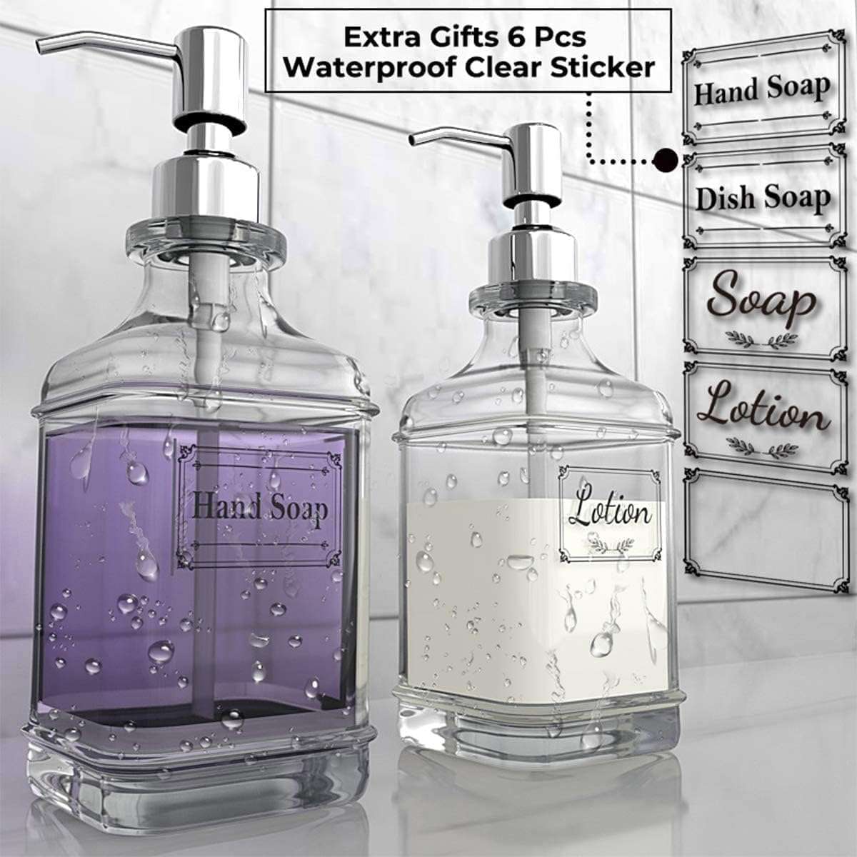 2 Pack Glass Soap Dispenser Clear Antique Design Silver Steel Pump & Labels