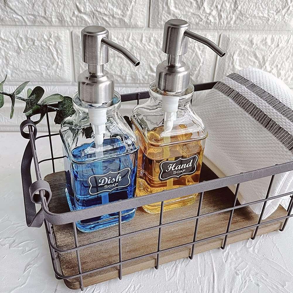 2 Pack Glass Soap Dispenser Clear Antique Design Silver Steel Pump & Labels