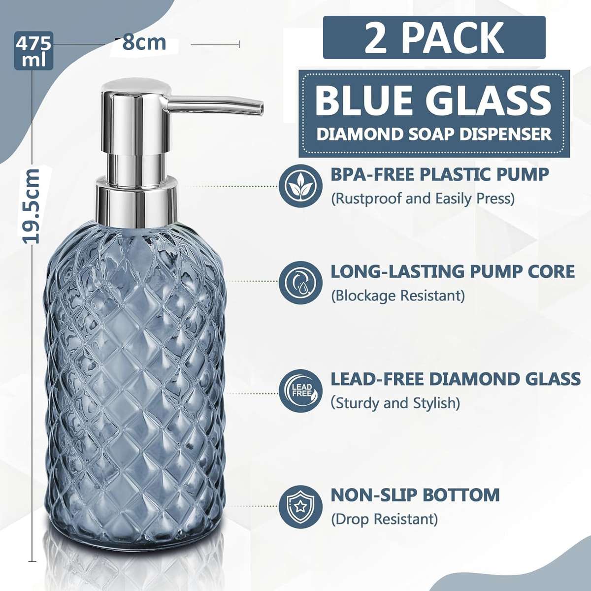 2-Pack Glass Hand Soap Dispenser Lotion Refillable Stainless Steel Pump