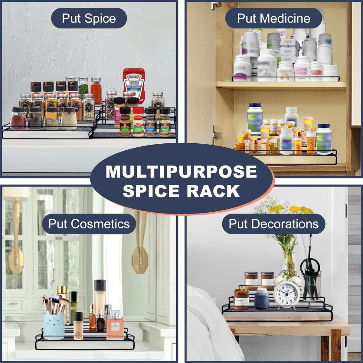 2-Pack 4 Tier Expandable Spice Rack Organiser For Cabinet Countertop-Metal