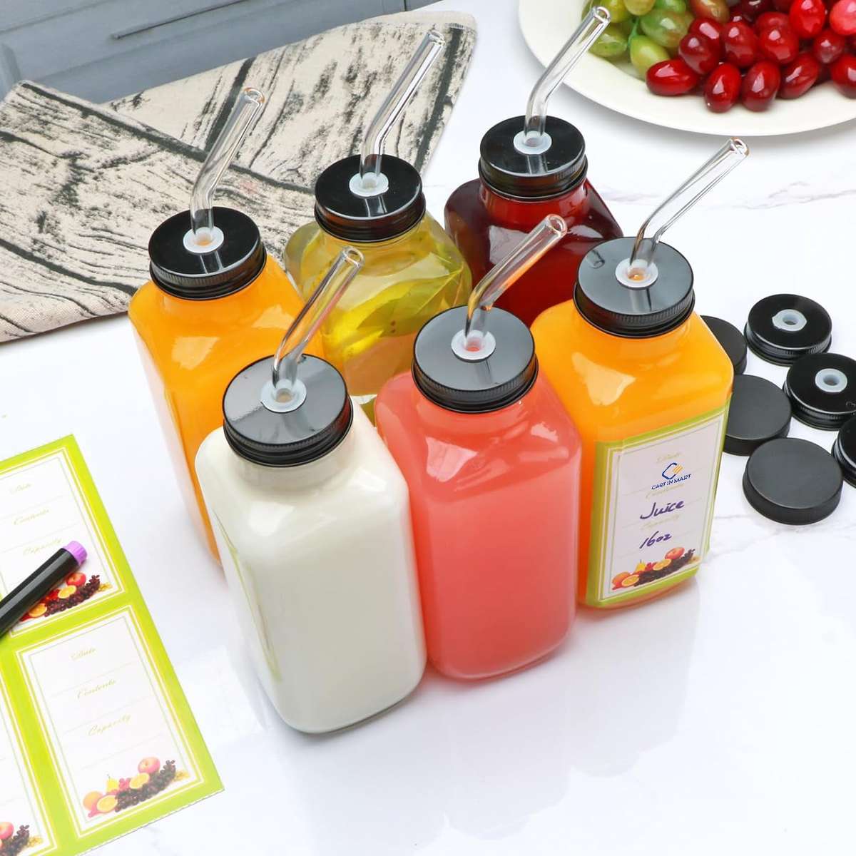 12 Pack Glass Juice Bottles With Lids 480ml Drinking Jars ,Glass Straws