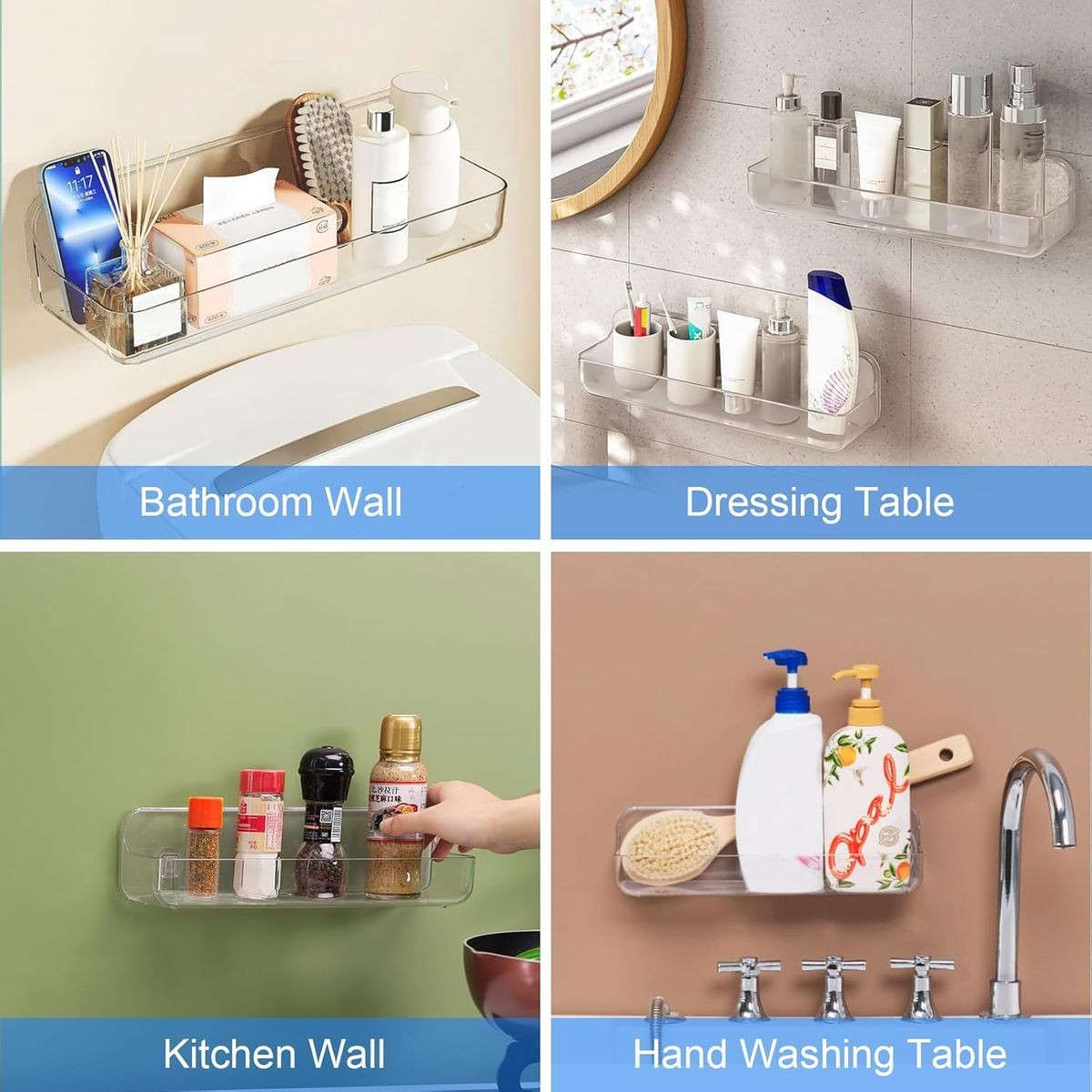 Large Clear Acrylic Shower Caddy No Drill Wall Mounted Adhesive Shelf