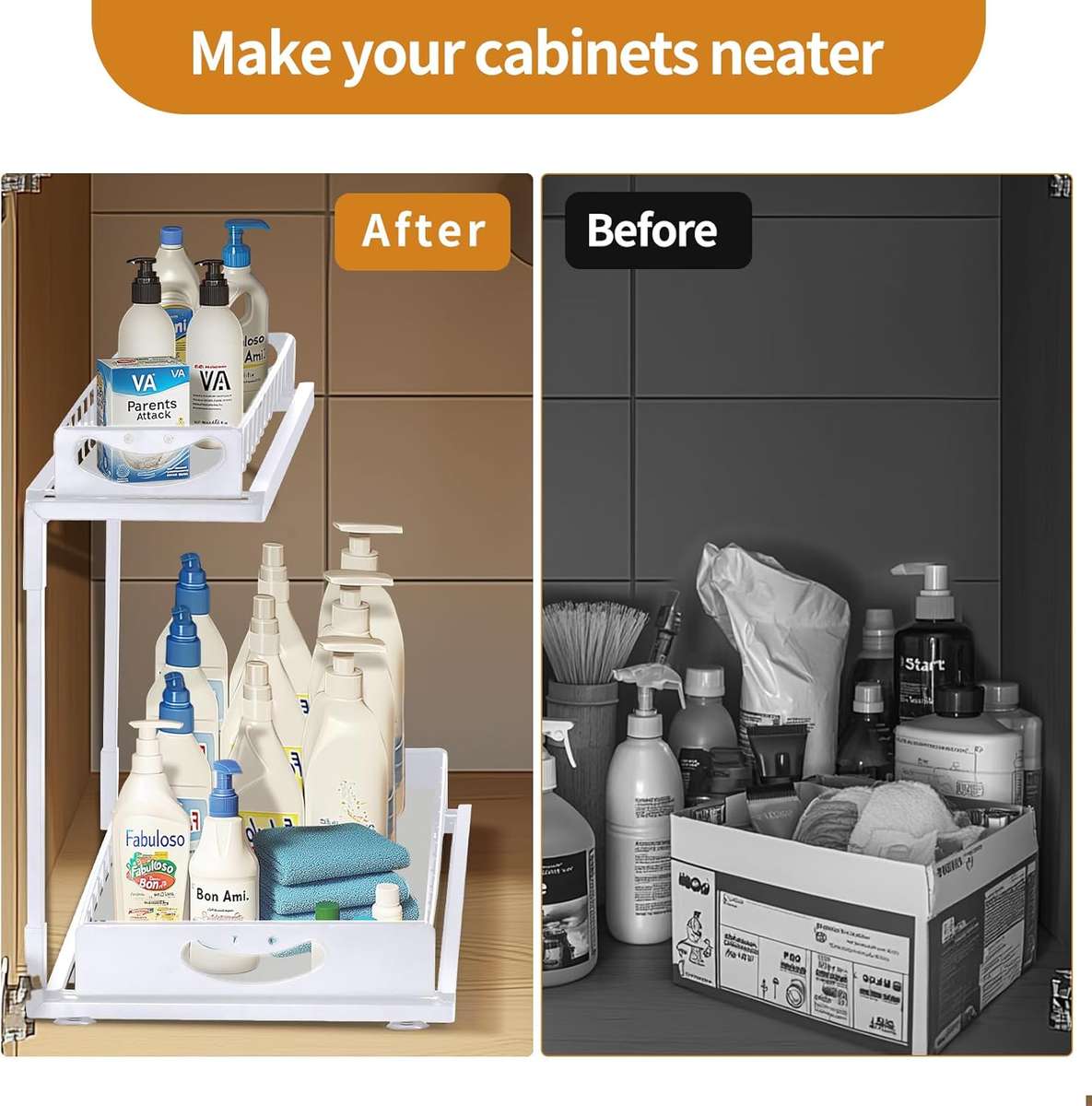 2-Pack Under Sink Organiser Kitchen Bathroom Pull Out Storage Shelves-White