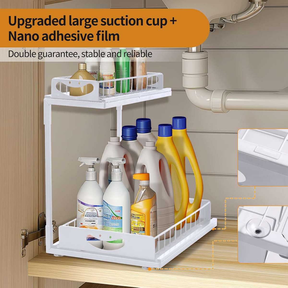 2-Pack Under Sink Organiser Kitchen Bathroom Pull Out Storage Shelves-White