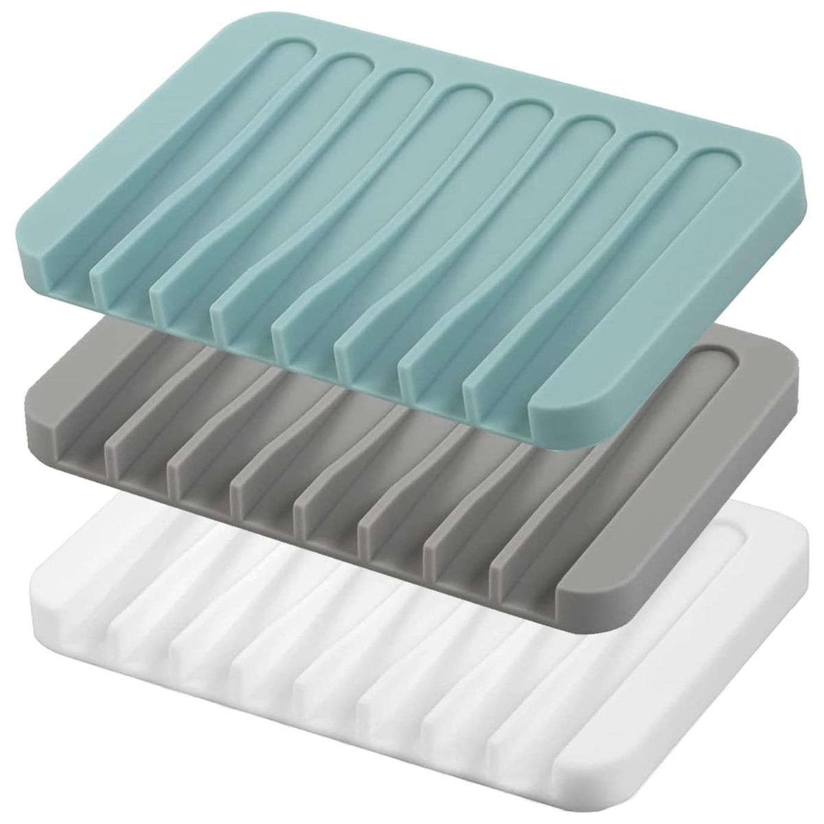 3 Piece Self Draining Premium Silicone Soap Holder Dish For Bathroom Kitchen