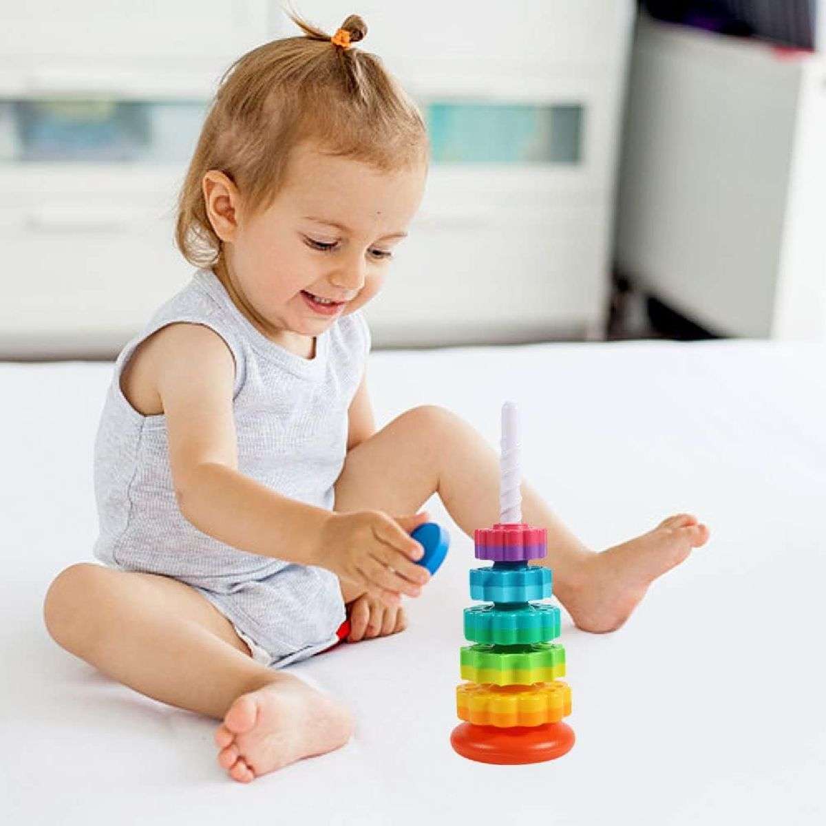 Baby Spinning Stacking Toys Montessori Rainbow Ring Stacker 1-3 Year Olds