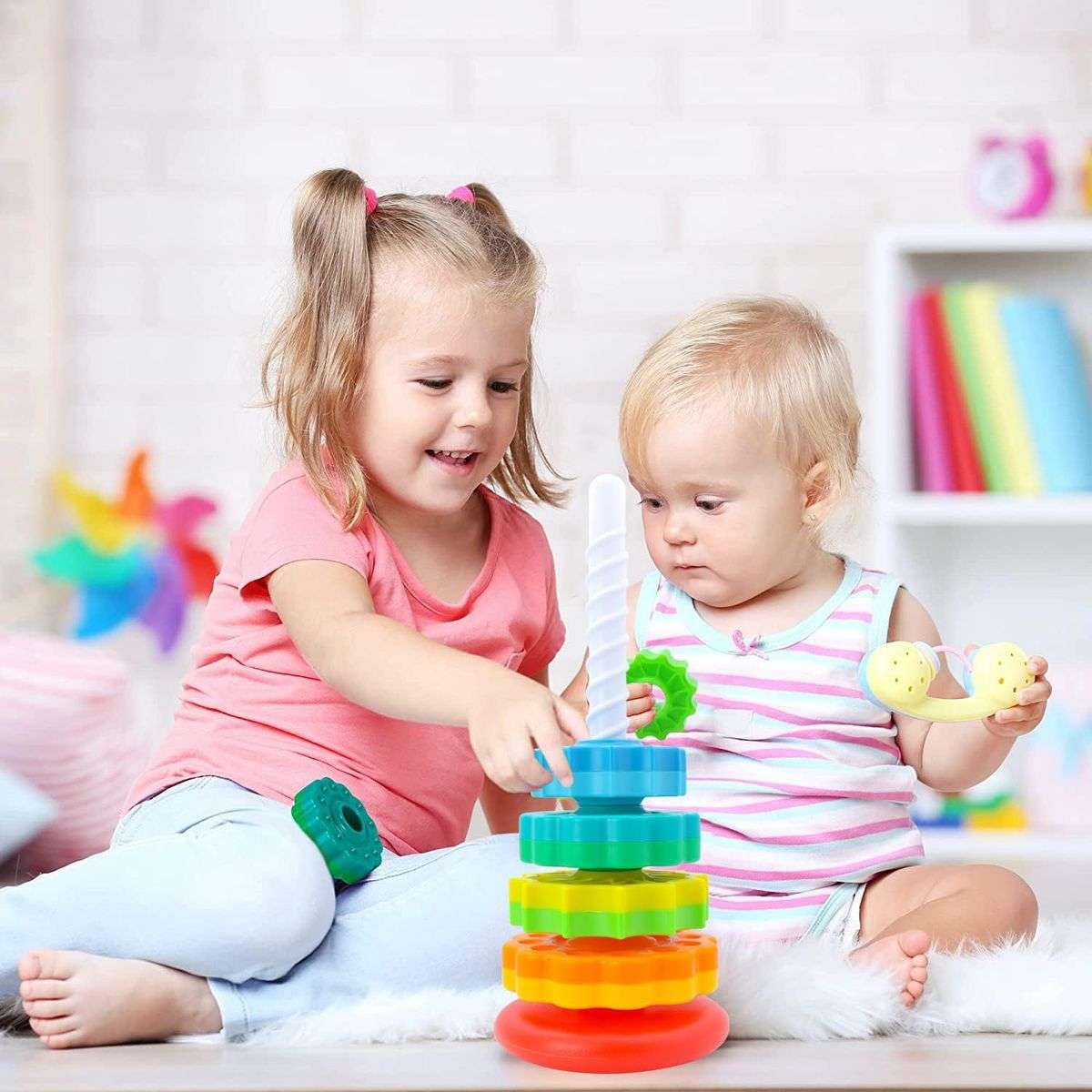 Baby Spinning Stacking Toys Montessori Rainbow Ring Stacker 1-3 Year Olds
