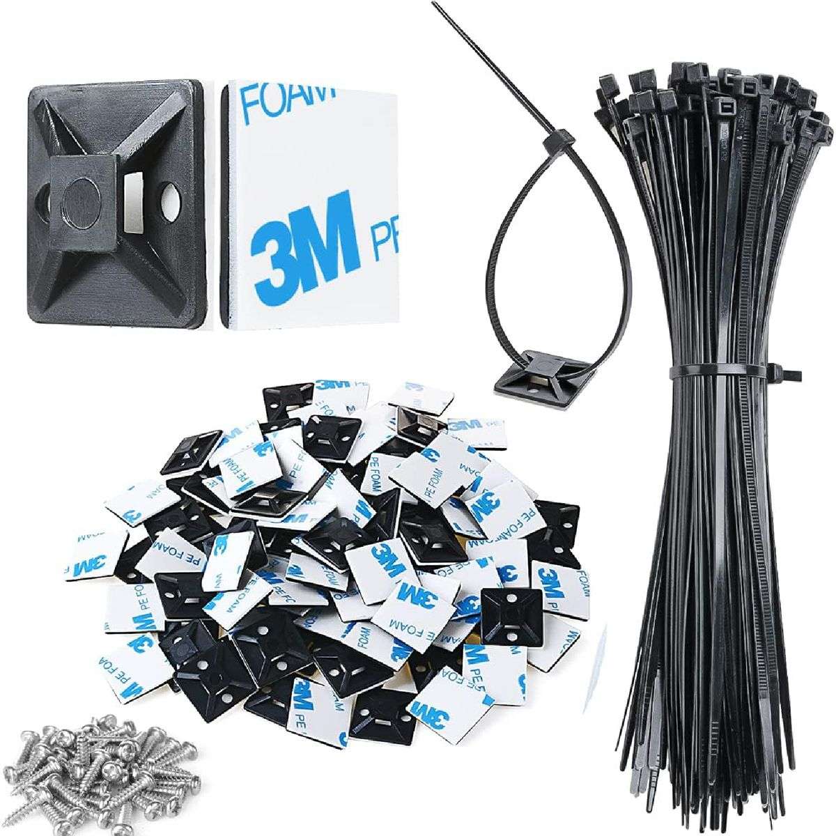100Pack Black Cable Zip Tie Mounts with 8" Zip Ties Screws Strong Back Clip