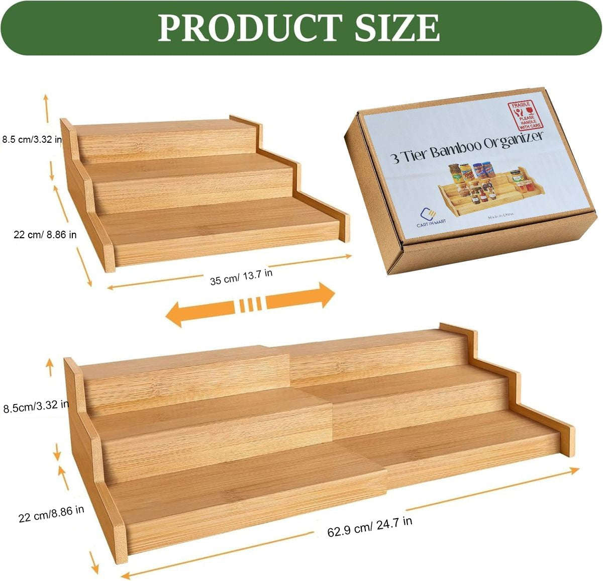 3 Tier Expandbale Bamboo Spice Rack Organiser Cabinet With Labels & Marker