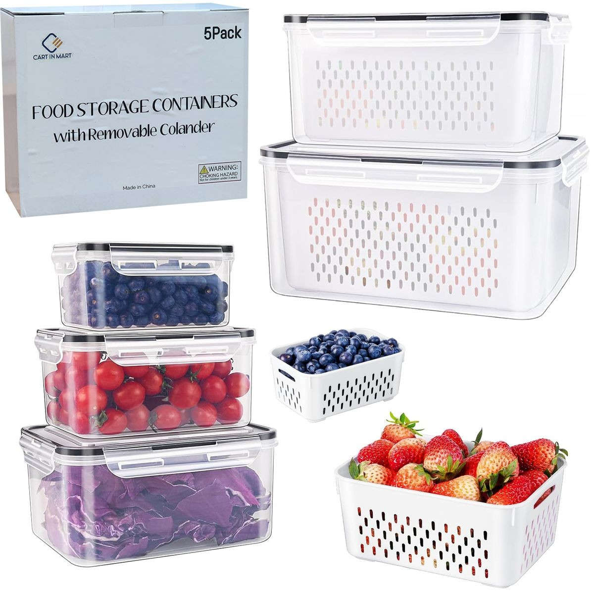 5 Pack (10 Piece) Fridge Food Storage Containers With Removable Colander