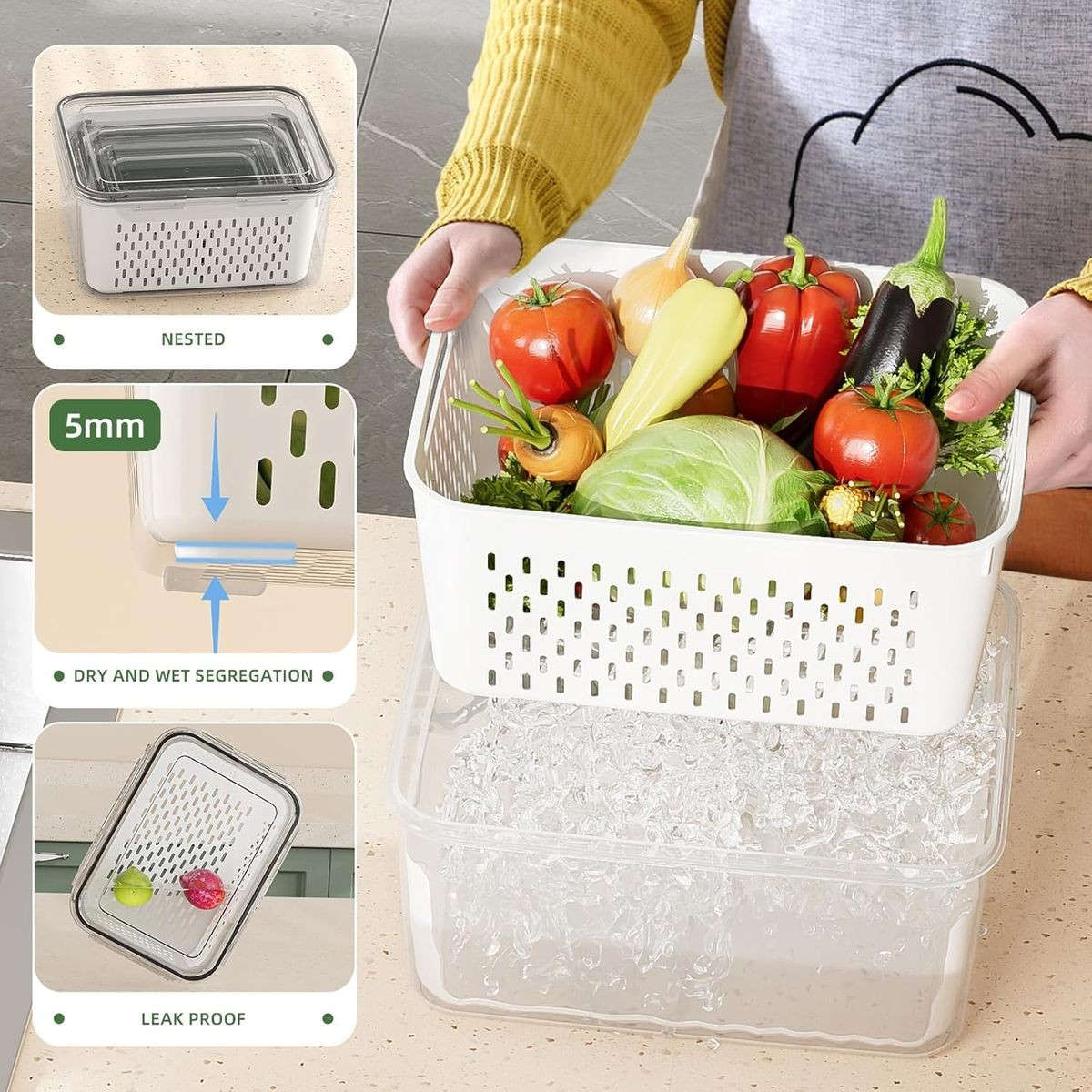 5 Pack (10 Piece) Fridge Food Storage Containers With Removable Colander