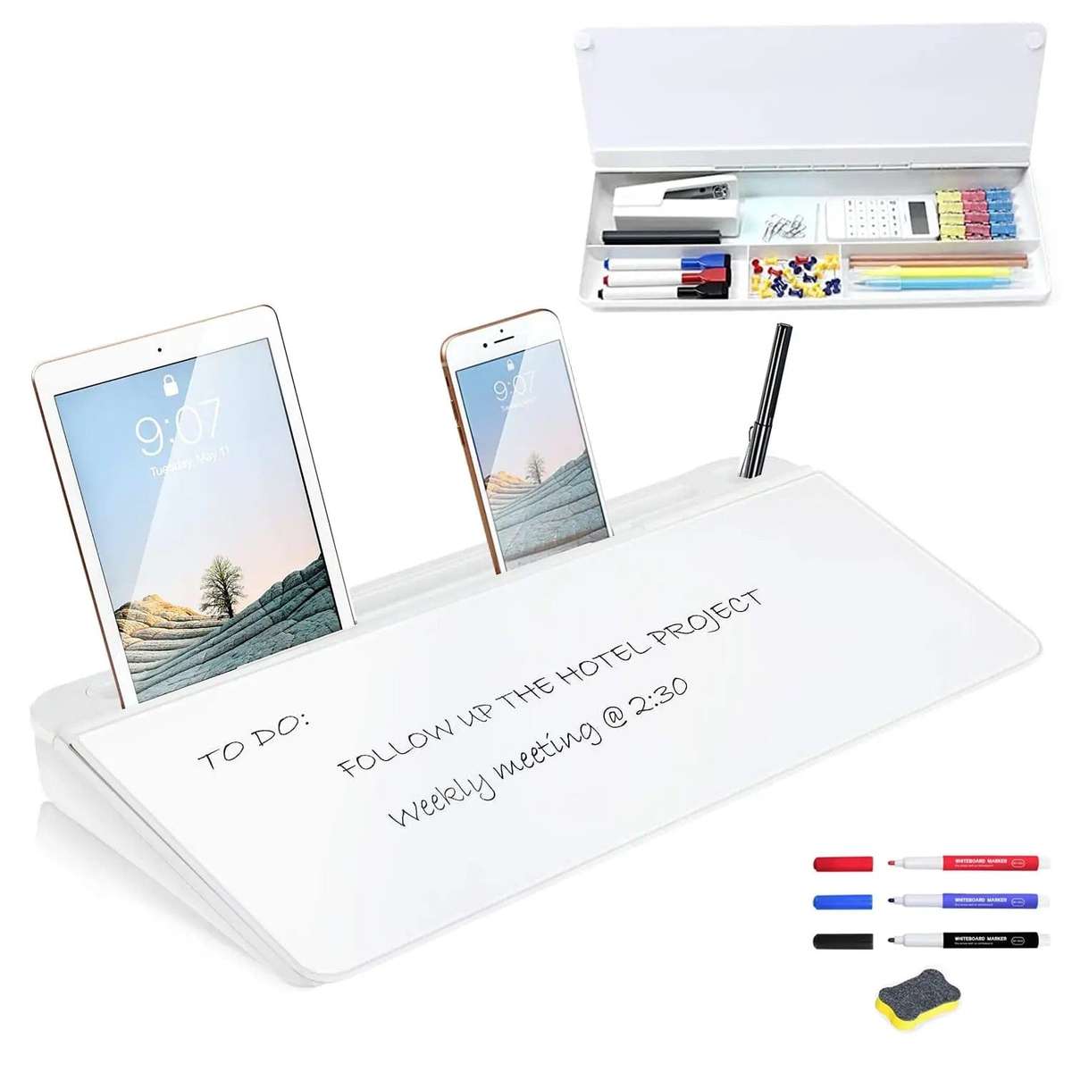 Desktop Glass Whiteboard Organiser With Markers