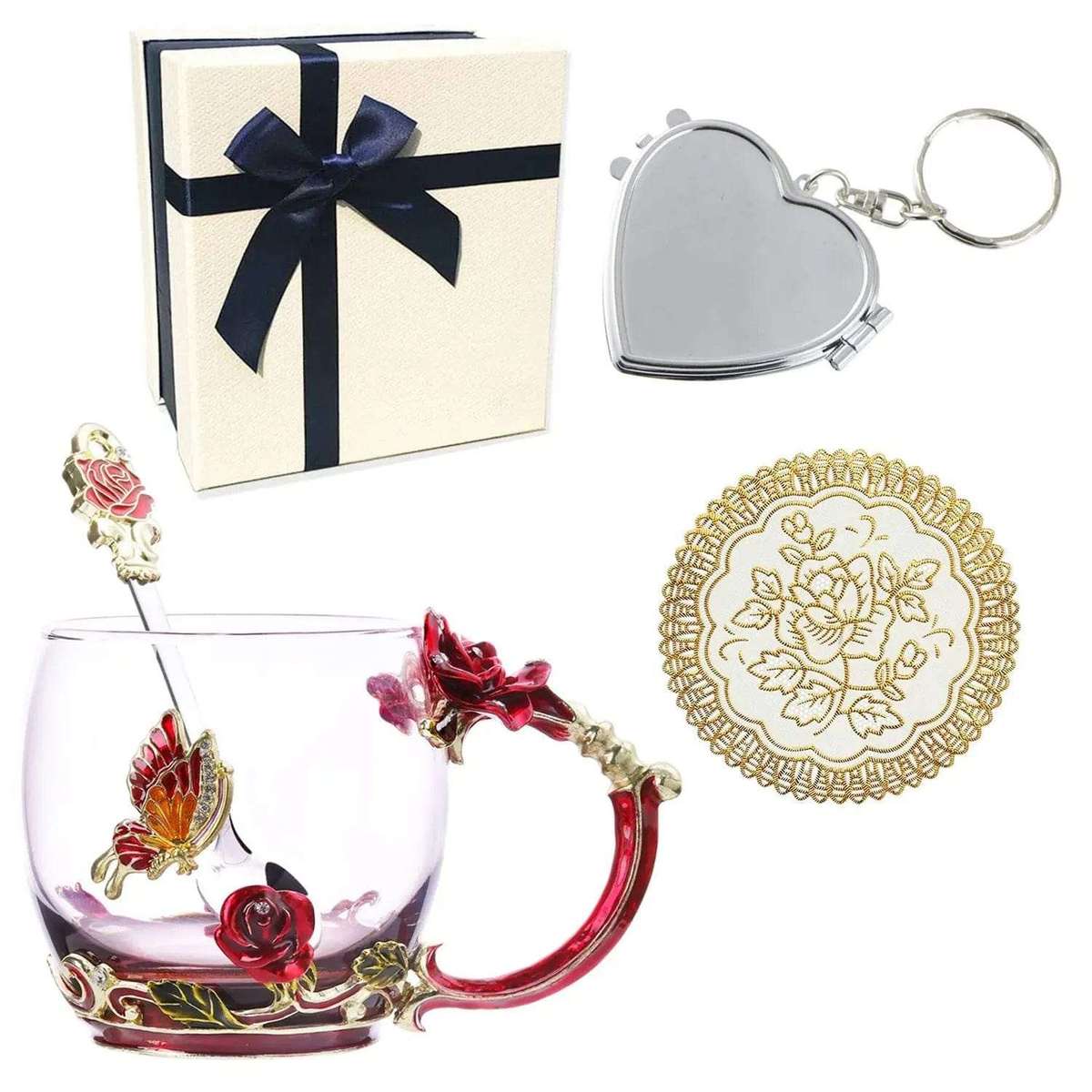 Enamel Glass Coffee Mug Gift Box Set-Rose Gold