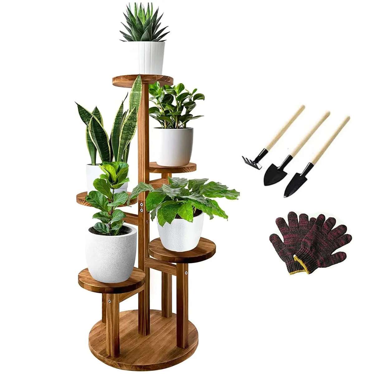 5 Tier Plant Stand With Wheels For Indoor - Walnut