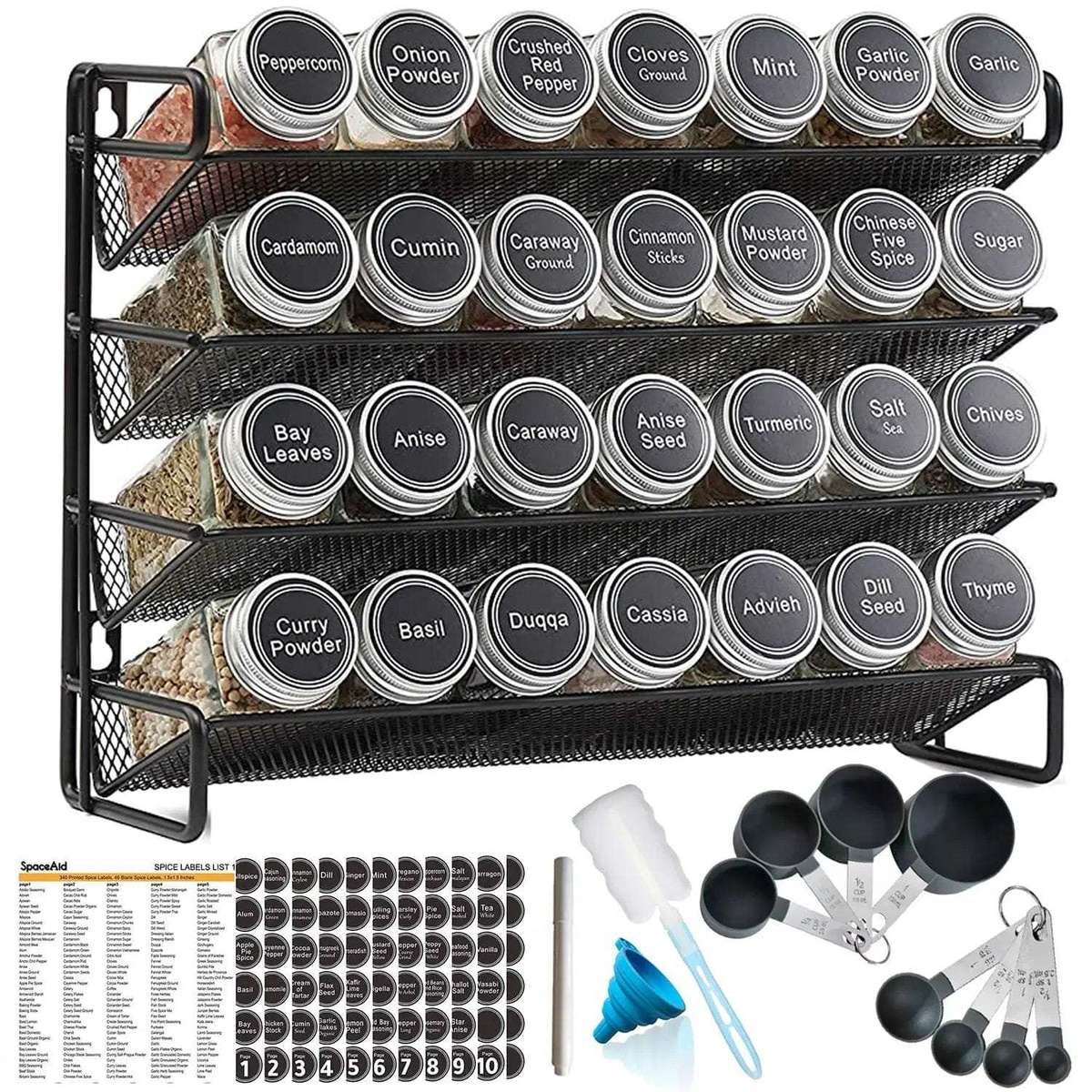 4 Tier Spice Rack Organiser 28 Jars & Spoons