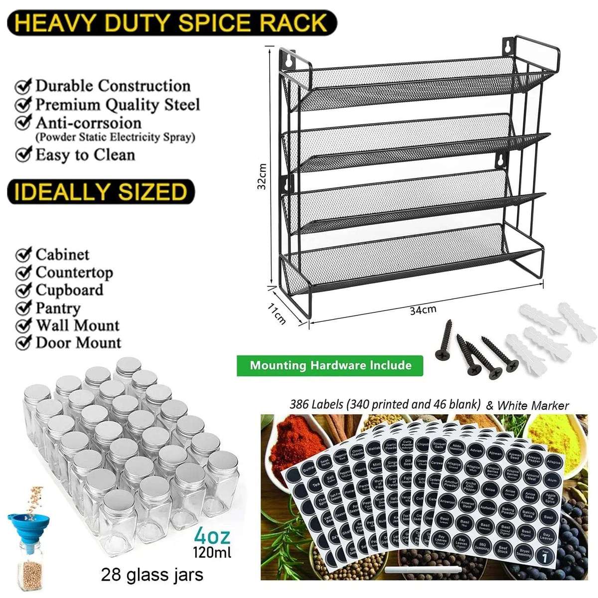 4 Tier Spice Rack Organiser 28 Jars & Spoons