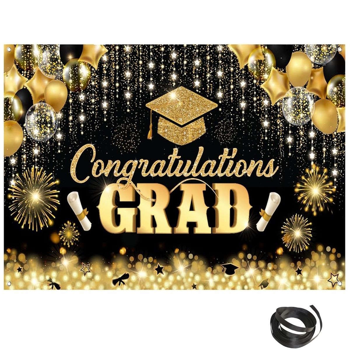 Congratulations Graduation Banner Backdrop-180x110cm-Glitter Black & Gold