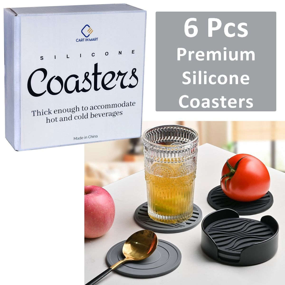 6 Pack Silicone Coasters Set With Holder For Drink Cup Barware - Grey