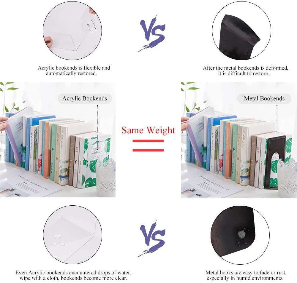 Clear Acrylic Bookends For Shelves Desk Book Stopper Organiser- 8 Pack