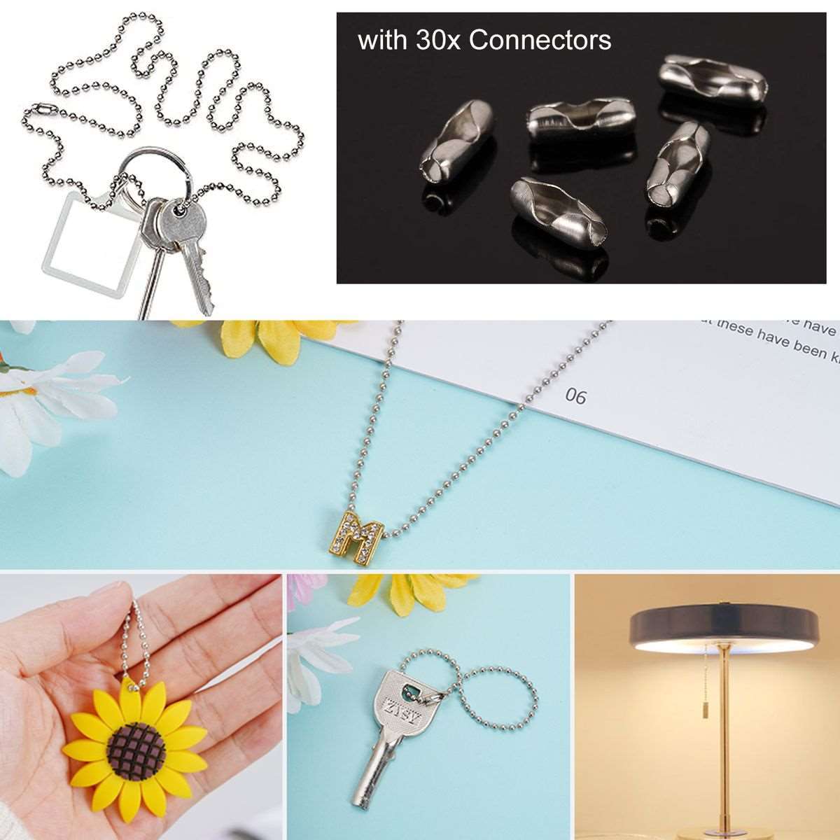 33 Feet Stainless Steel Silver Ball Chains Necklace & Connector Clasps