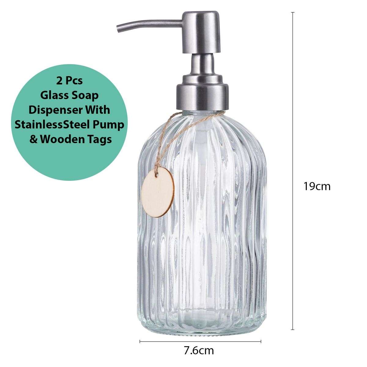 2 Pack Glass Soap Dispenser Clear Refillable Stainless Steel Pump &Tags