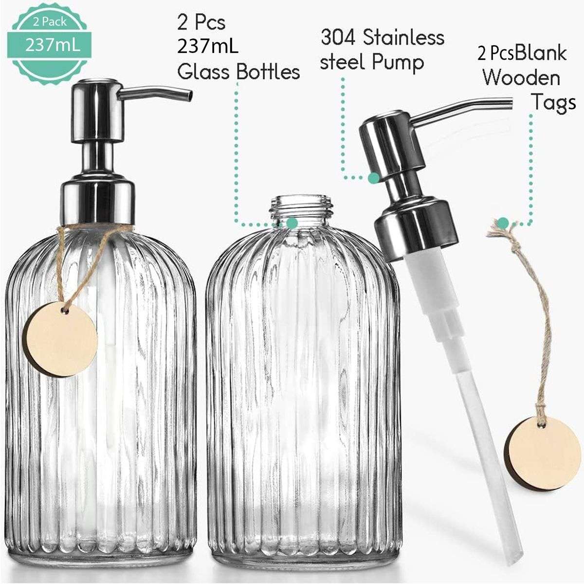 2 Pack Glass Soap Dispenser Clear Refillable Stainless Steel Pump &Tags