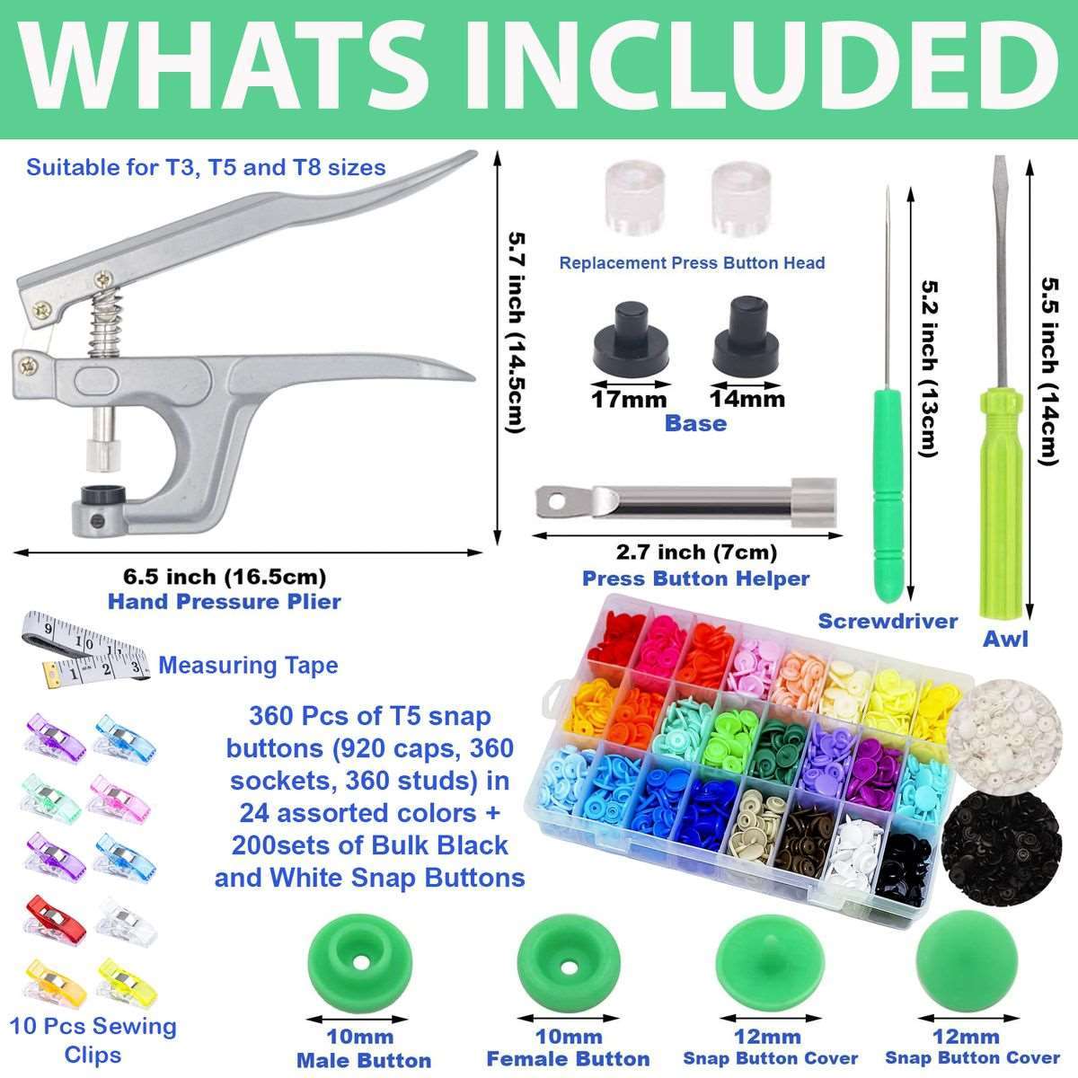 Craft 560 Sets T5 Snap Buttons No-Sew With Snaps Pliers Kit & 19 Tools