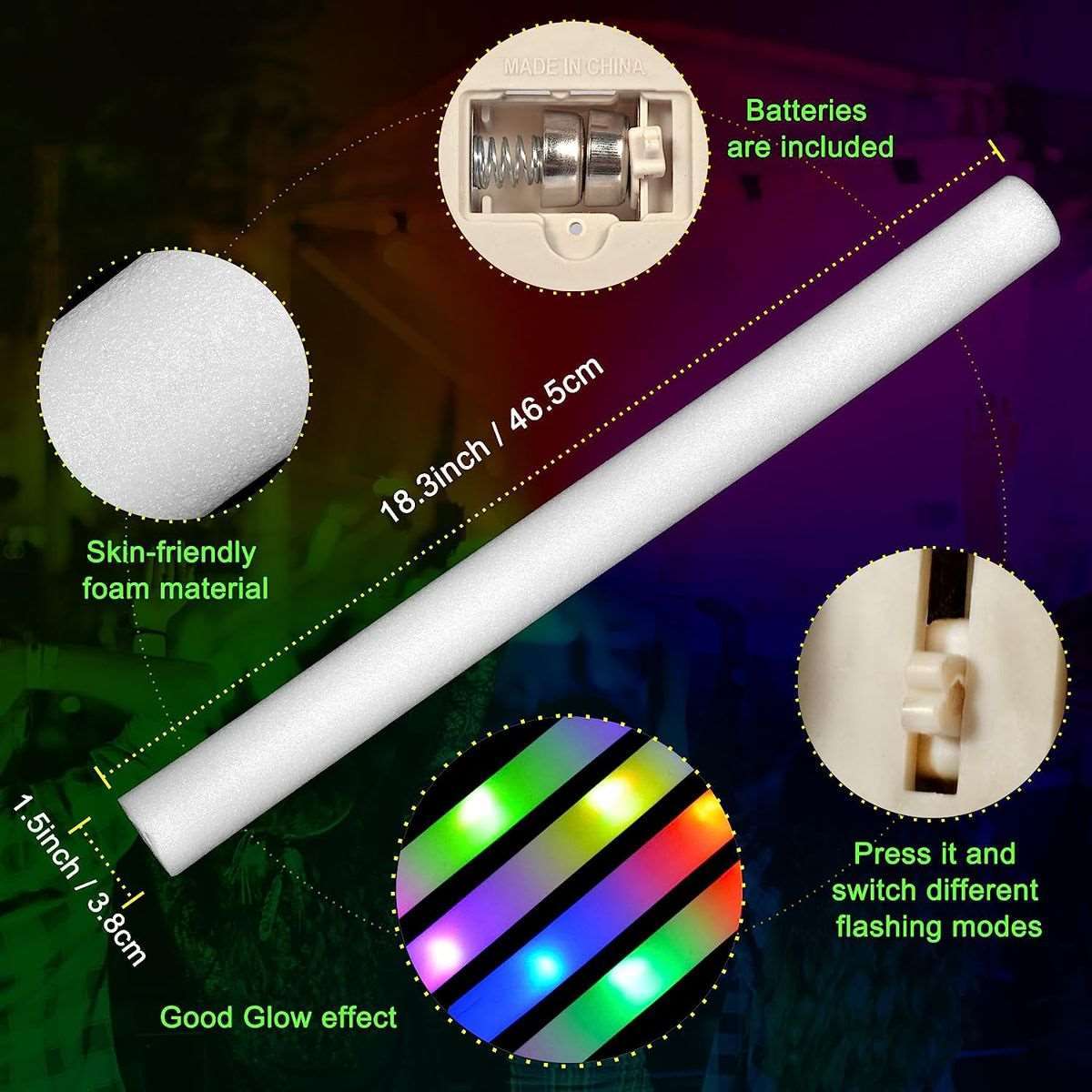 10 Pieces LED Glow In The Dark Foam Sticks Bulk Neon Party Supplies