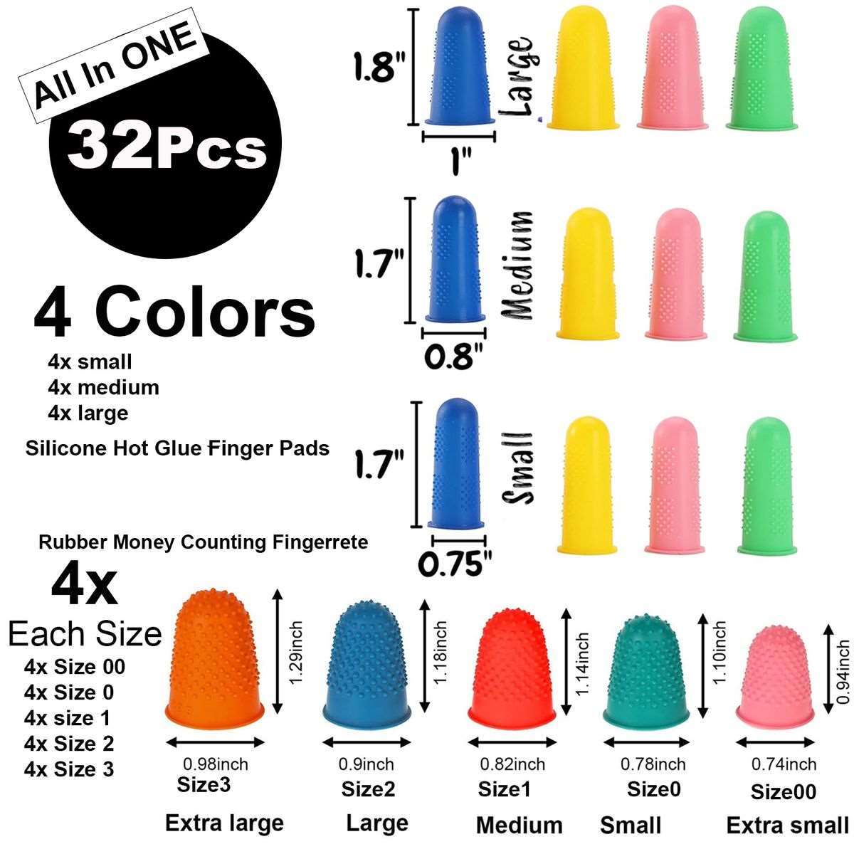 32 Piece All Sizes Rubber & Silicone Fingers Tip Pads Thimbles