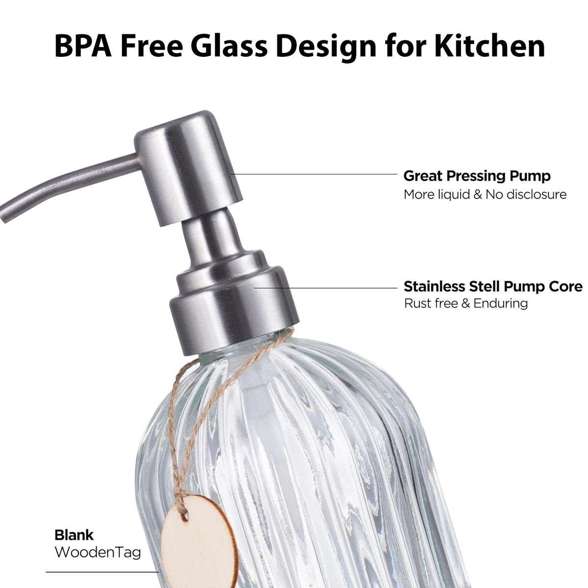 2 Pack Glass Soap Dispenser Clear Refillable Stainless Steel Pump &Tags