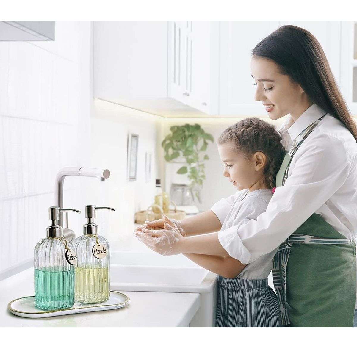 2 Pack Glass Soap Dispenser Clear Refillable Stainless Steel Pump &Tags