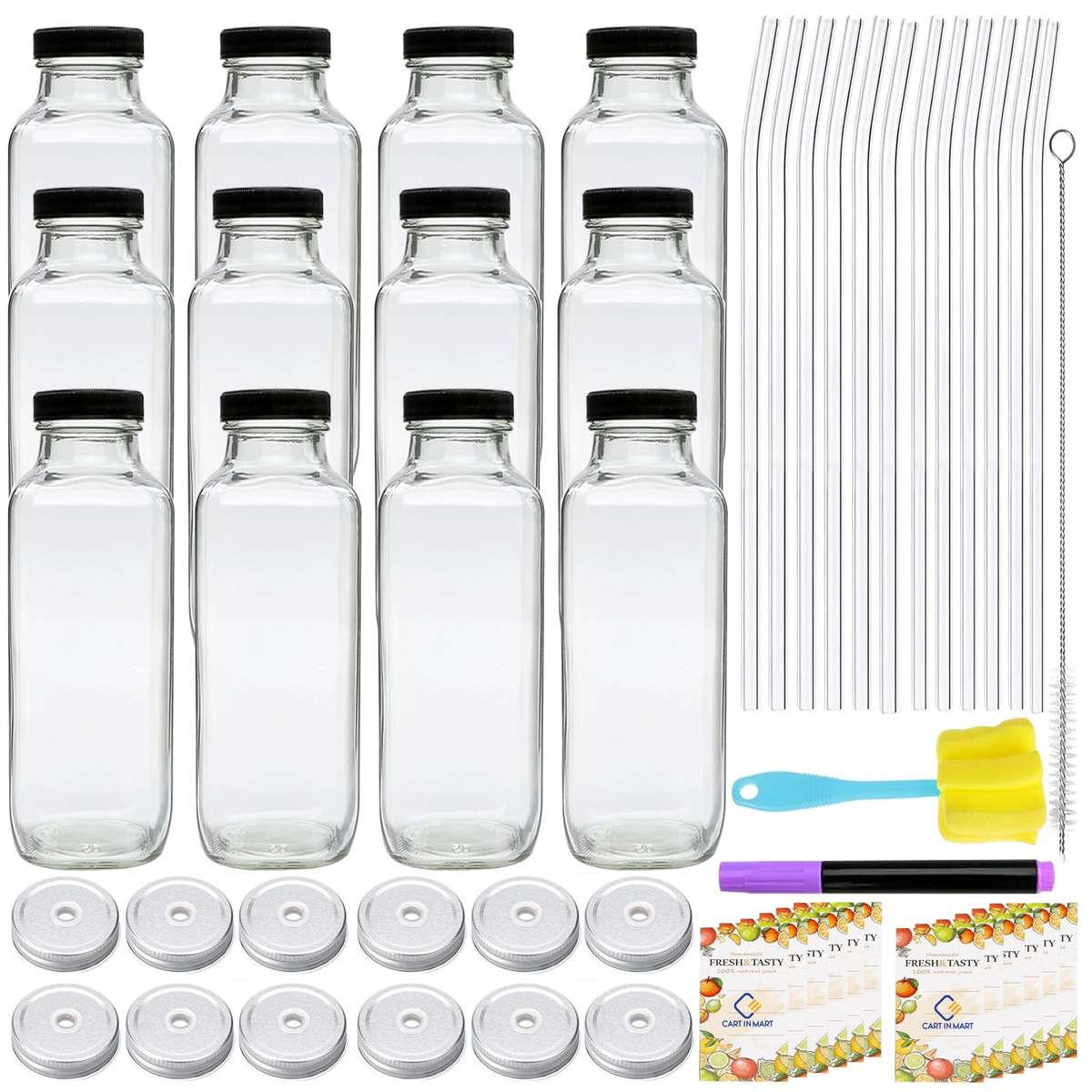 12 Pack Glass Juice Bottles With Lids 480ml Drinking Jars ,Glass Straws