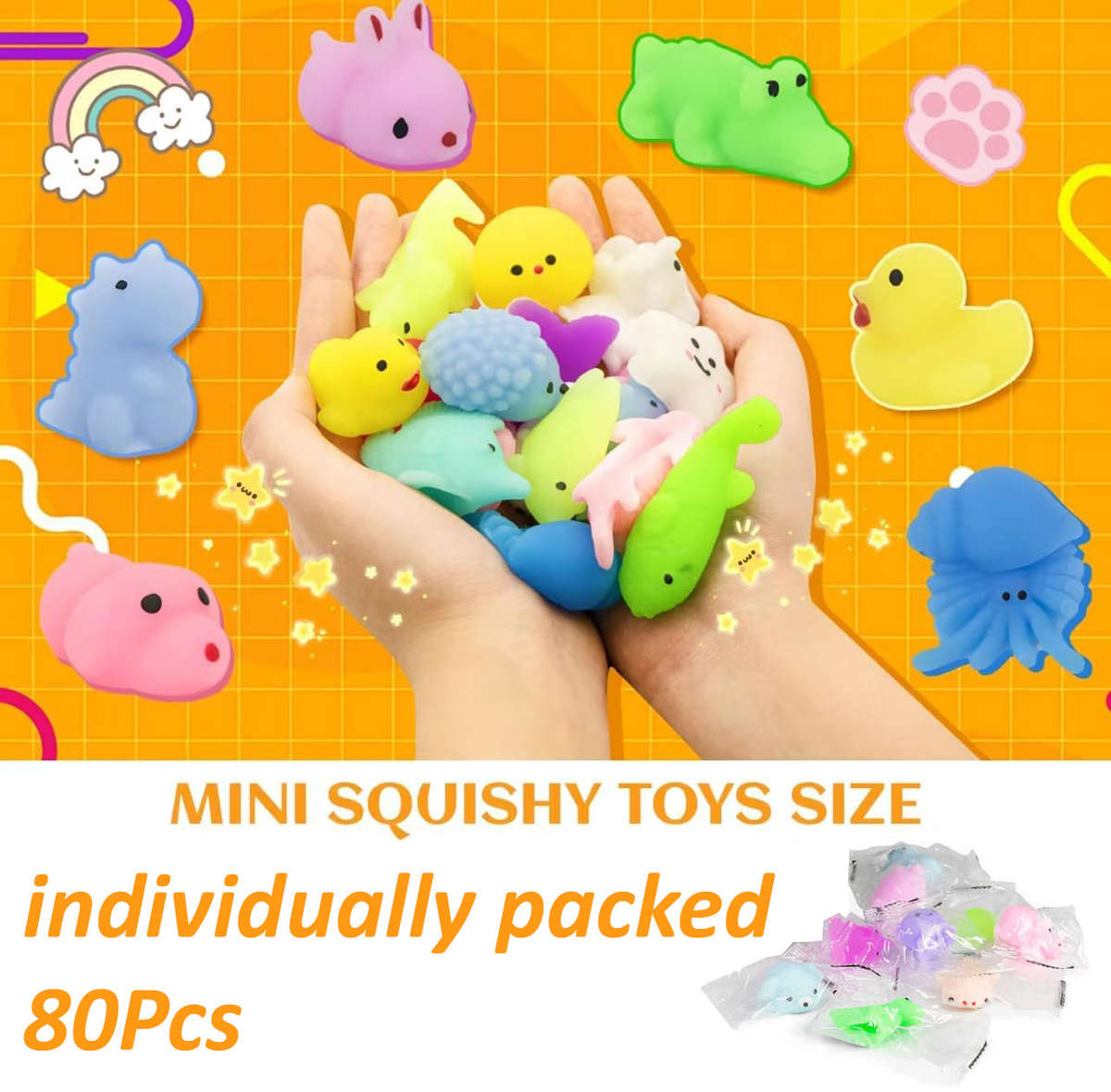 80 Pack Mochi Squishy Bulk Fidget Sensory Toy Party Favors for Kids