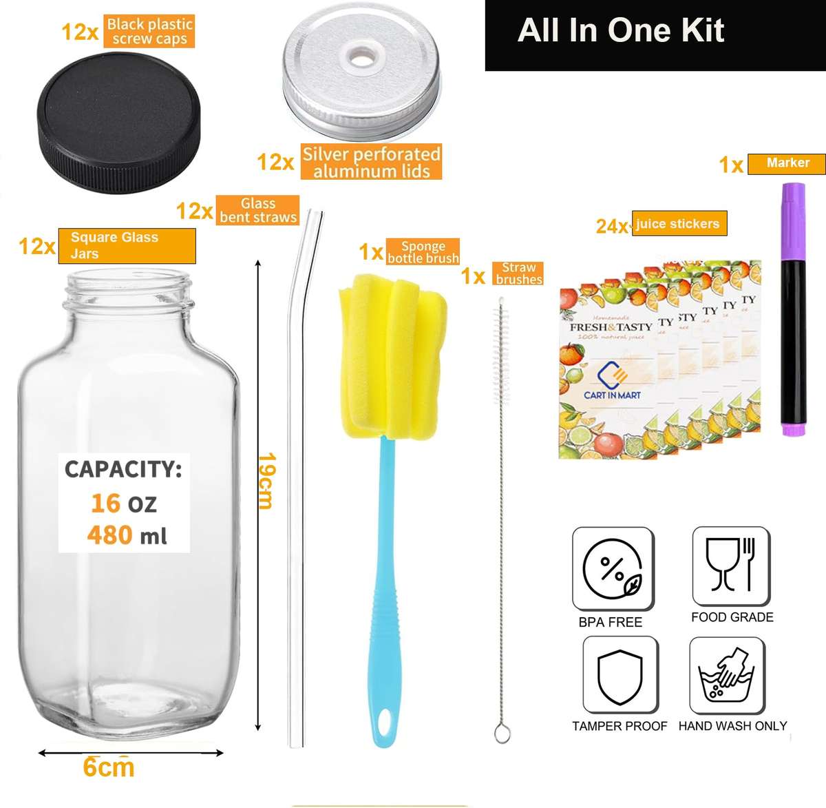 12 Pack Glass Juice Bottles With Lids 480ml Drinking Jars ,Glass Straws