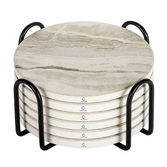 6 Pack Ceramic Drink Coasters With Holder For Cups Barware - Marble Style