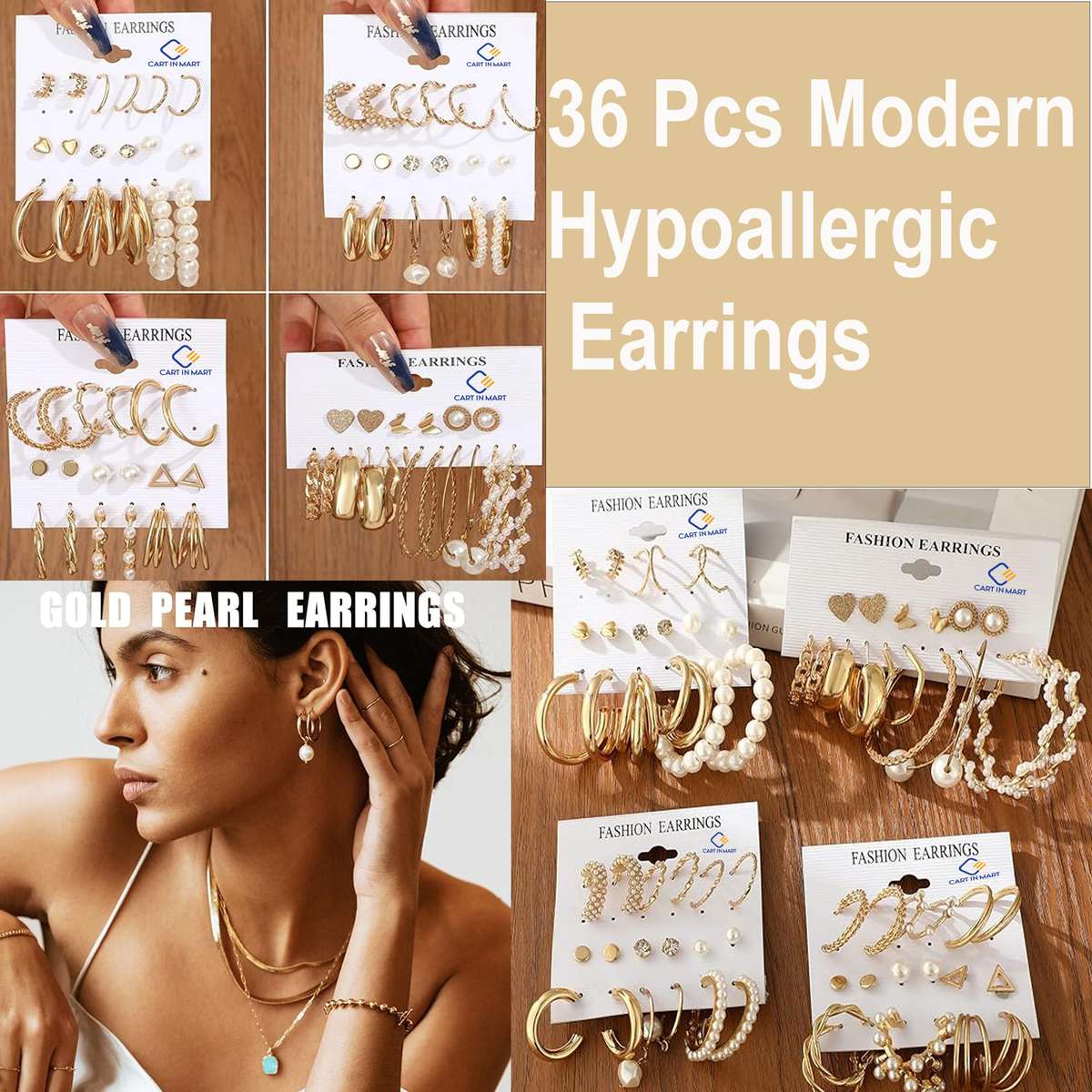 Women's /Girls' Gold Hypoallergenic Earrings Set - 36 Pairs