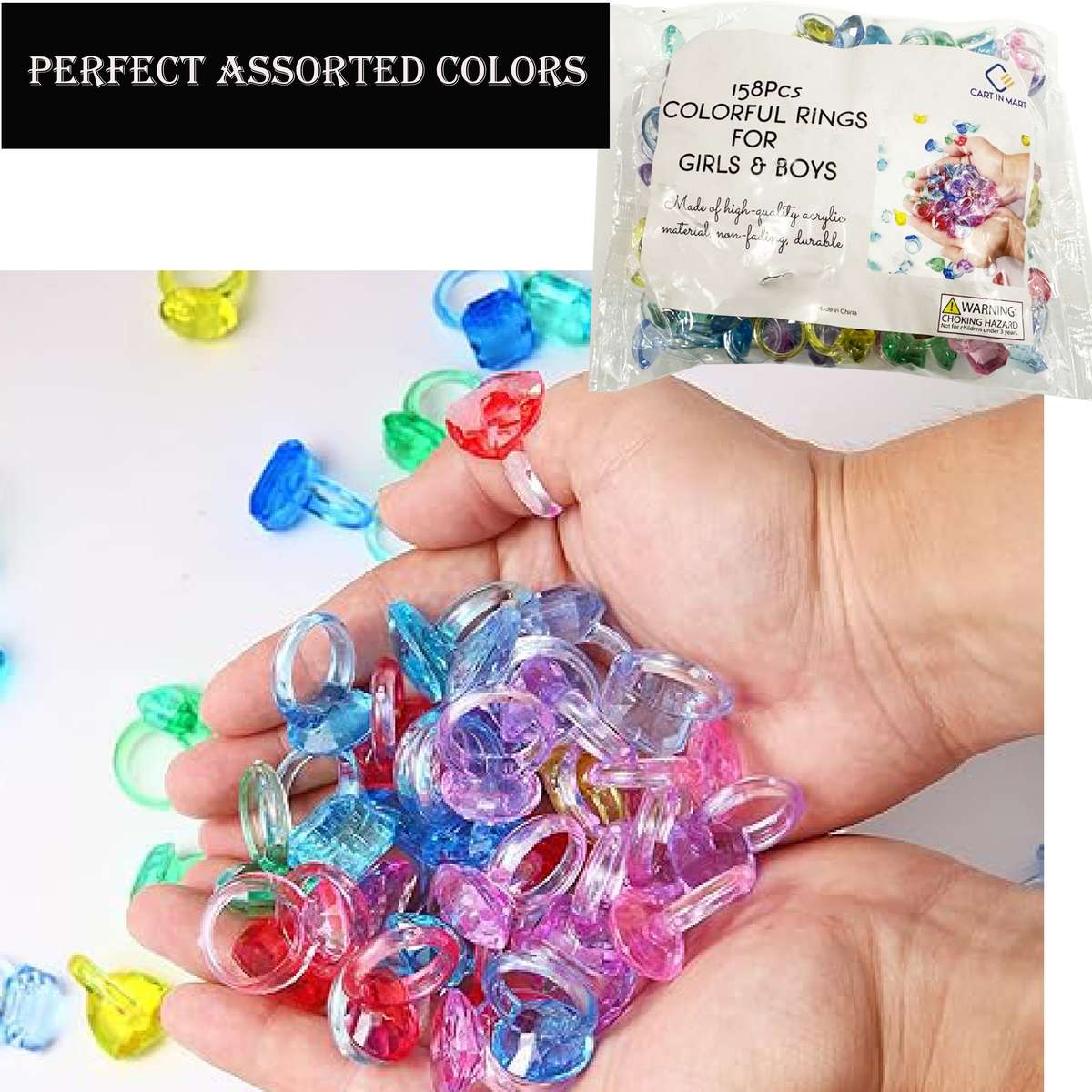 158 Piece Acrylic Gem Rings For Girls & Boys Kids Dress Up Party Favor Toys