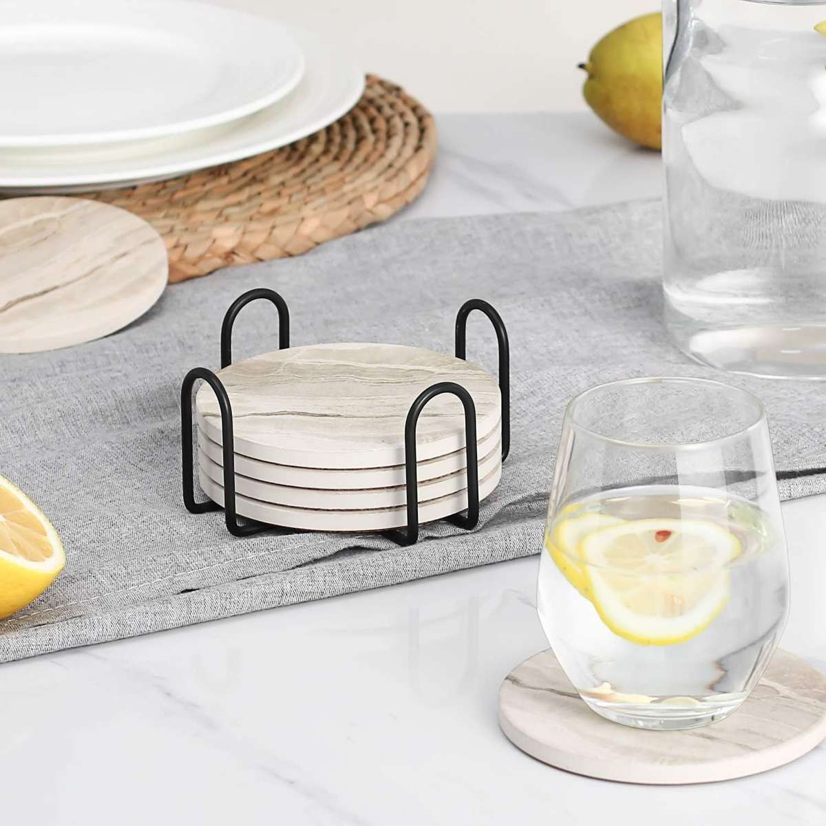 6 Pack Ceramic Drink Coasters With Holder For Cups Barware - Marble Style