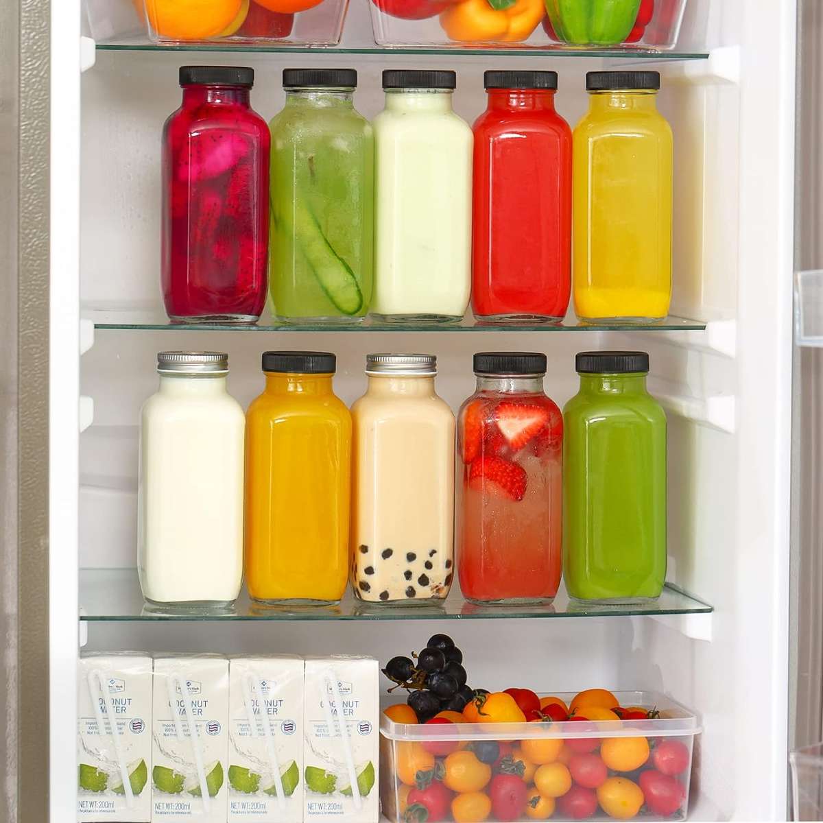 12 Pack Glass Juice Bottles With Lids 480ml Drinking Jars ,Glass Straws