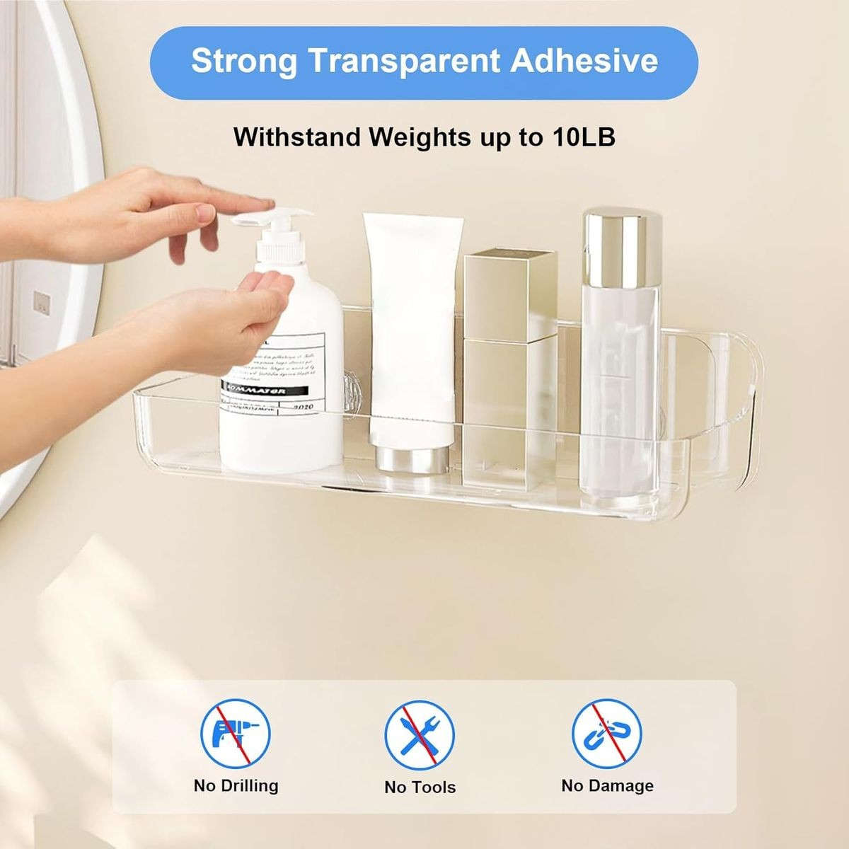 Large Clear Acrylic Shower Caddy No Drill Wall Mounted Adhesive Shelf
