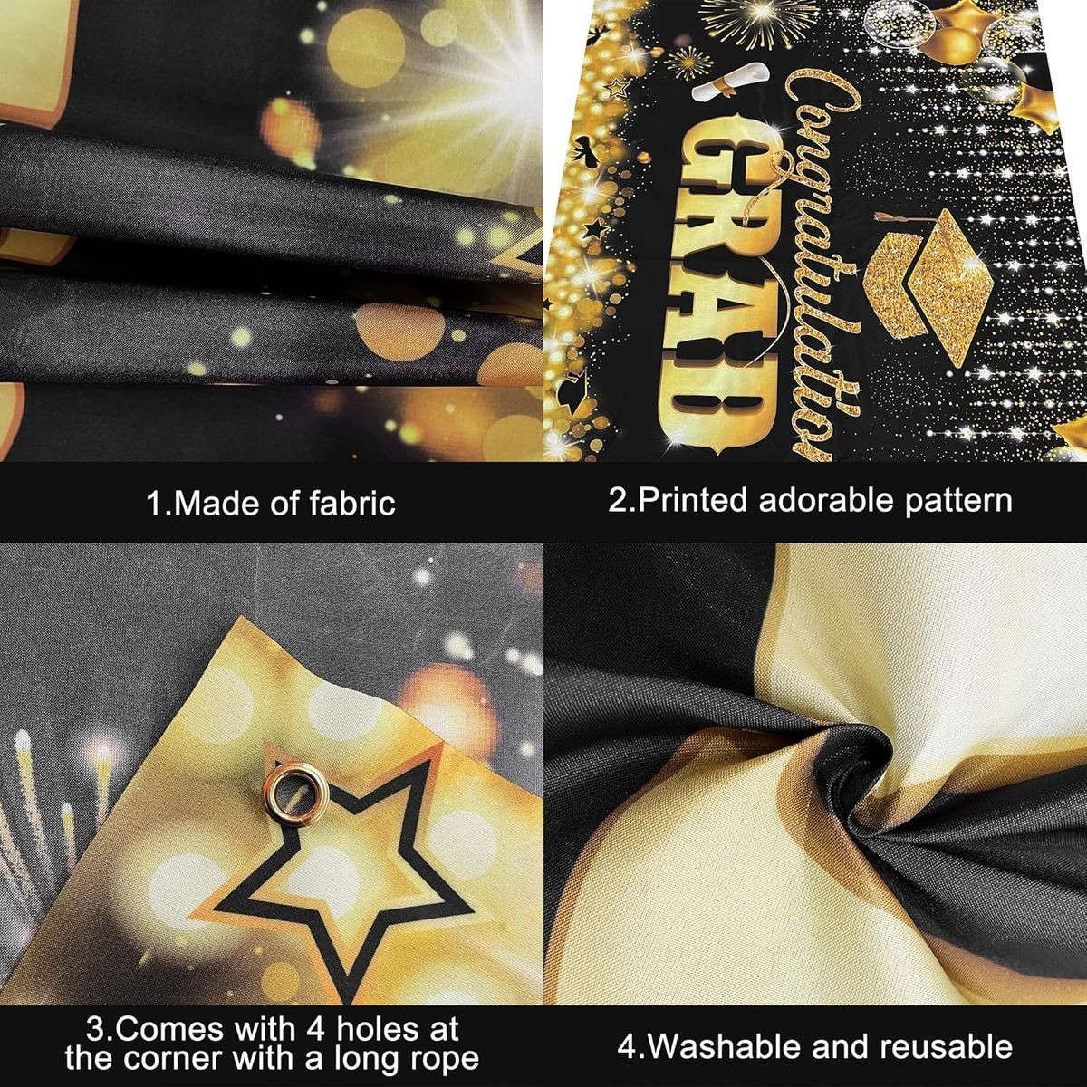 Congratulations Graduation Banner Backdrop-180x110cm-Glitter Black & Gold