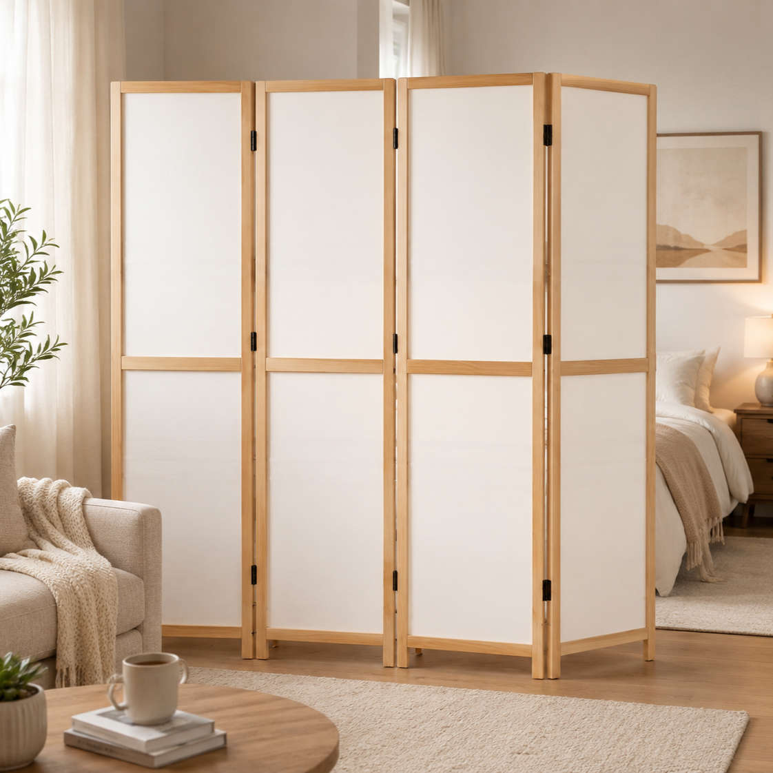 Partition Room Divider - 4-Panel White-Dual Face Folding Screen Room Divider