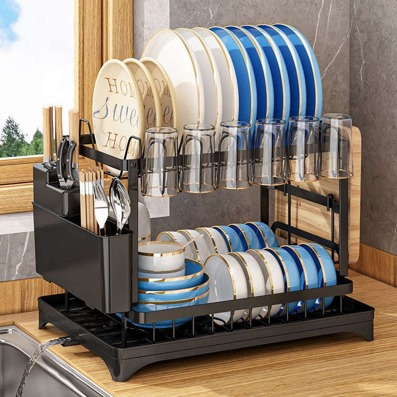2 Tiers Expandable Drying Drainer with Cutlery and Removable Dividers