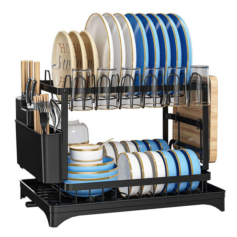 2 Tiers Expandable Drying Drainer with Cutlery and Removable Dividers