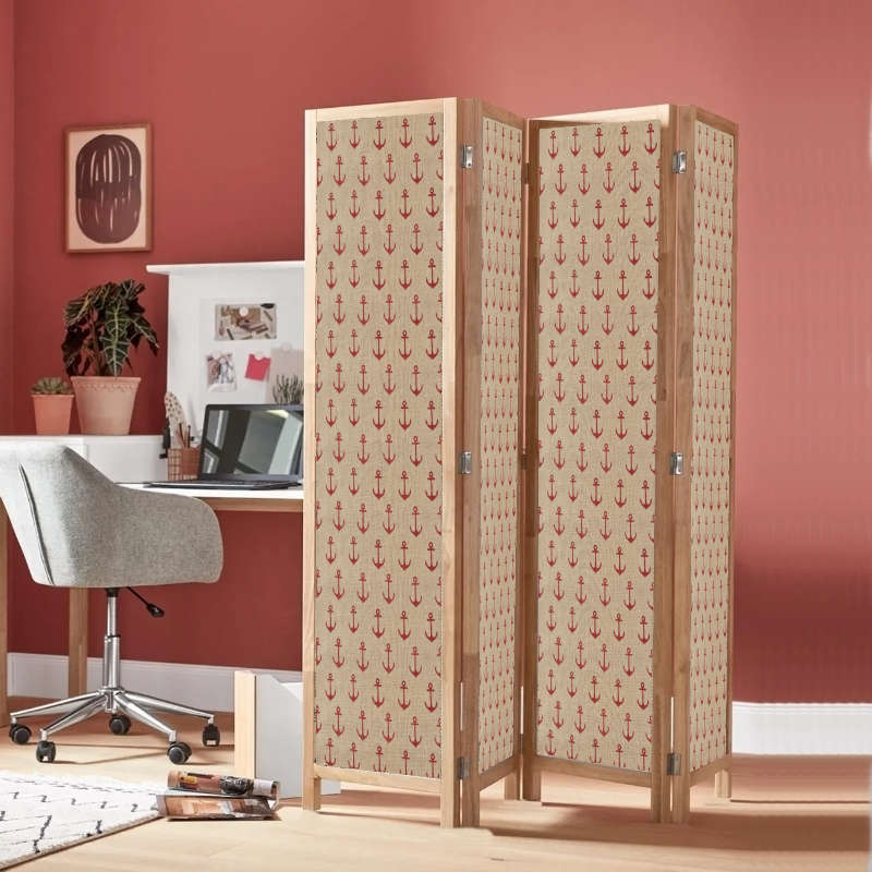 Partition Room Divider - 4 Panel See-through Printed Hessian Folding Screen Room Divider with Sol...